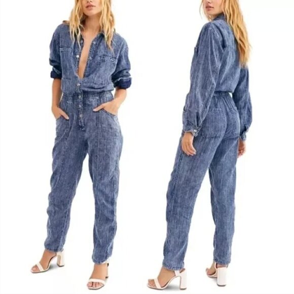 Free People Ari Denim Jumpsuit S Coverall Boiler Suit 90s Utility Loose Fit Blue - Picture 5 of 11